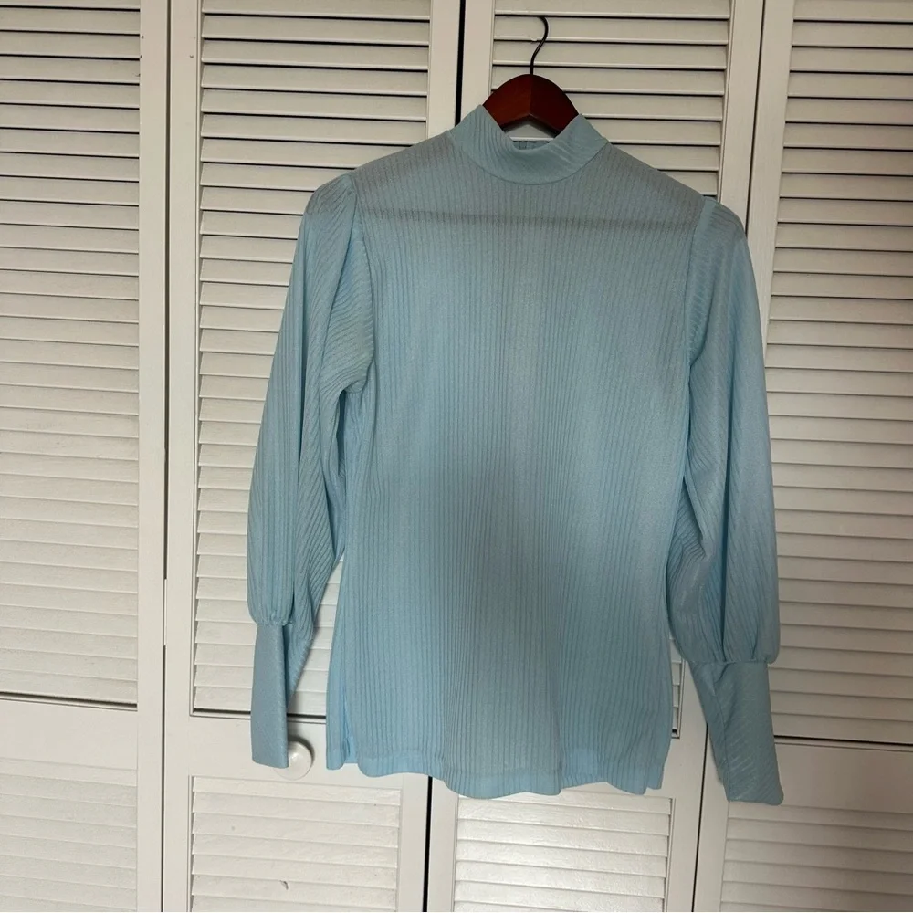 Vintage Blue Ribbed Mock Neck Puff Sleeve Top 70s 80s Retro Medium - Picture 2 of 11
